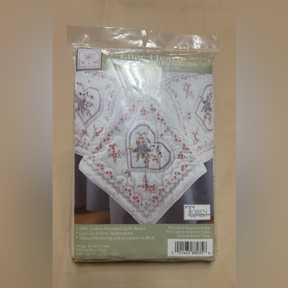 NEW TOBIN STAMPED FOR EMBROIDERY LILAC HEARTS QUILT BLOCKS